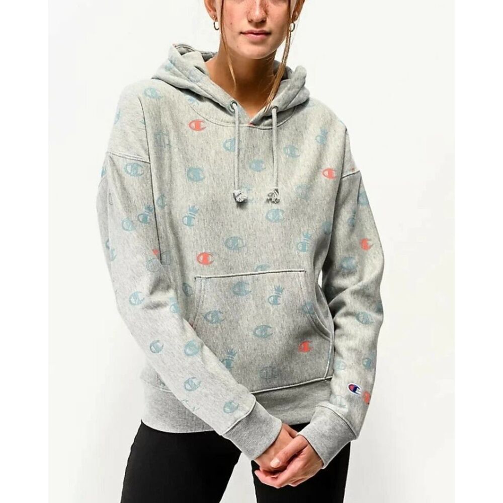 CHAMPION Gray Sz Small Thick Cozy Hoodie All Over LOGO Reverse Weave Sweatshirt